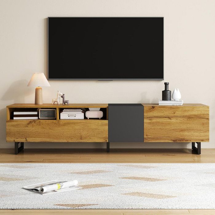 Meuble TV - color block design simple - trois portes et deux compartiments pieds métalliques en forme de U grain de bois rétro