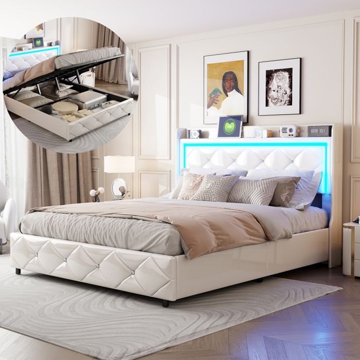 Lit coffre 140x200 cm - RAVAS - Éclairage LED - Tête de lit rembourrée - Similicuir blanc