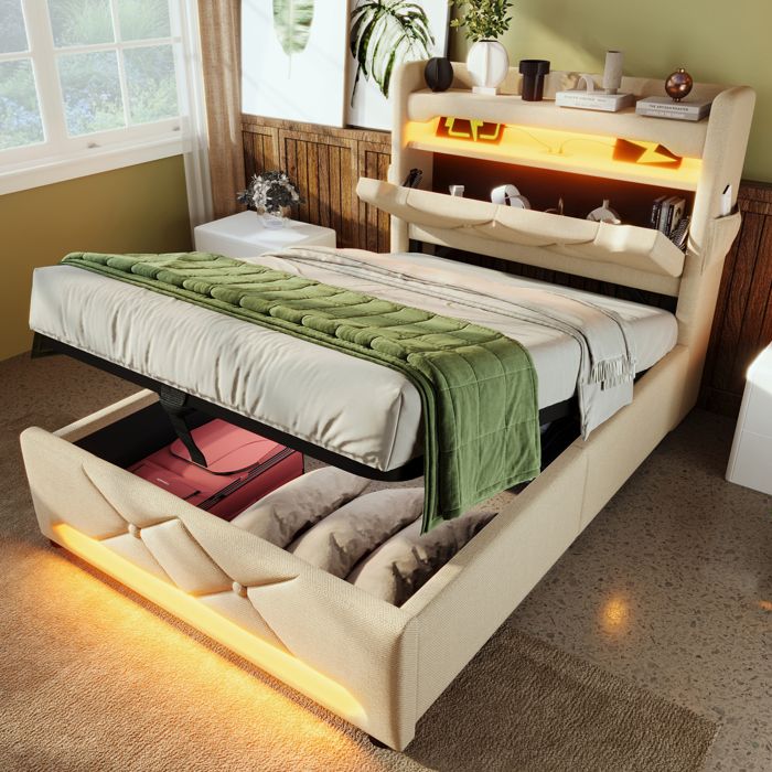 Lit coffre rembourré 90×200 cm. hydraulique. interface USB+TypeC. LED 360°. lin. sans matelas. beige