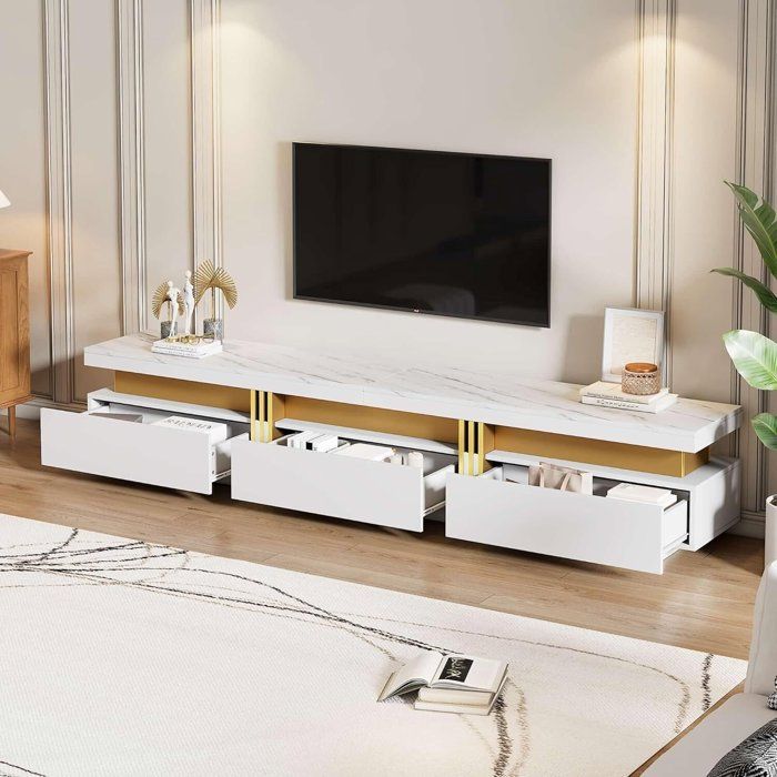 Meuble TV blanc lowboard moderne avec texture marbre de 200x40x42 cm avec 3 tiroirs - pour télévisions jusquà 90 pouces