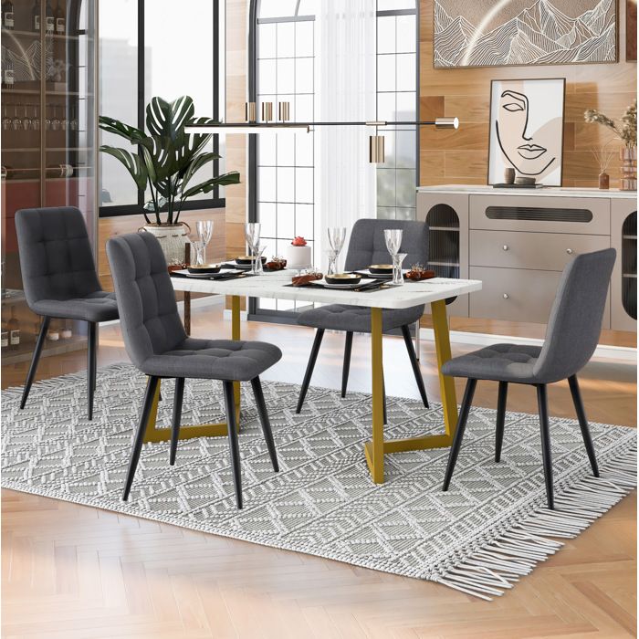 Ensemble table à manger 117x68x75 cm avec 4 chaises. chaise de cuisine en velours. (gris clair. pieds de table dorés)