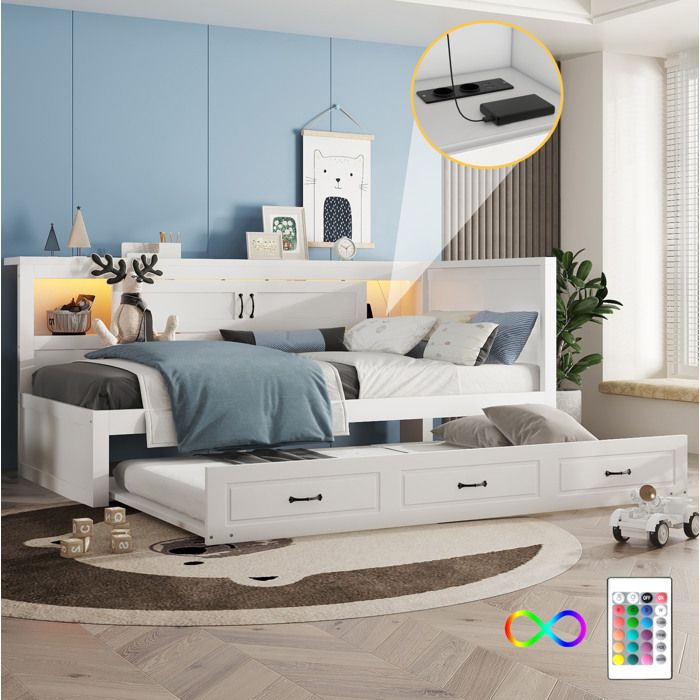 Lit banquette 90x200cm avec lit gigogne 90x190cm. prise + USB. LDE. tête de lit avec rangement. sans matelas. blanc