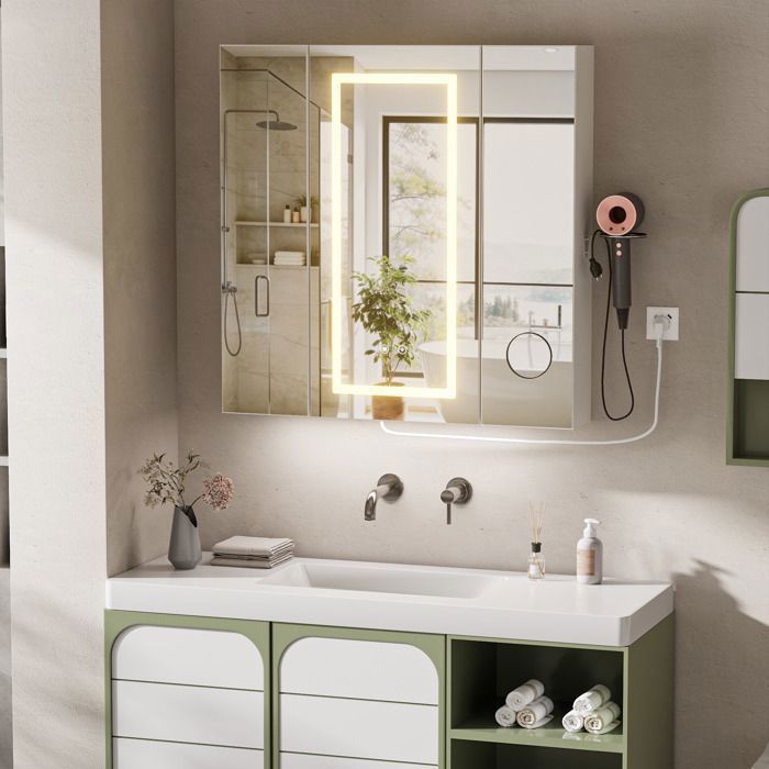 Armoire miroir LED antibuée 80cm - 3 portes 5 niveaux - Capteur gestuel - 3 couleurs - 2AC/2USB