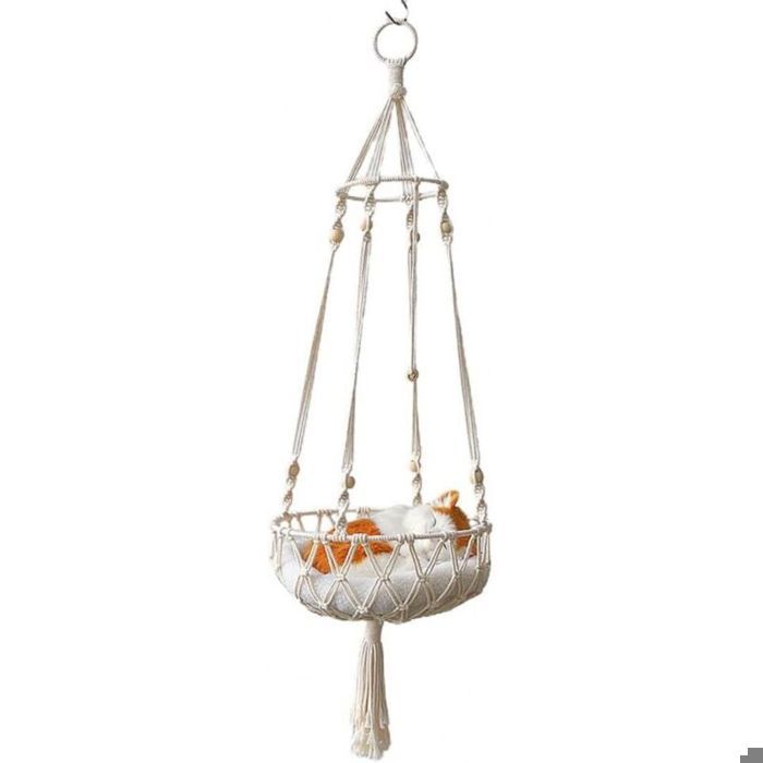 Hamac suspendu pour chat - PZCC - Nid de balanoire - Corde de coton robuste - Bois - 100 cm - Diamètre 30 cm