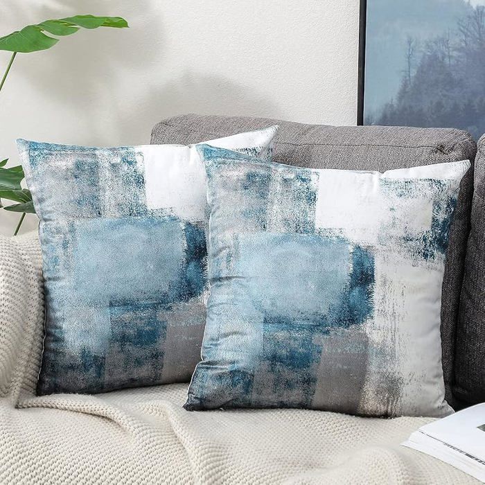 Housse de Coussin Blanc et Bleu 45x45 Taies d& 39 oreiller en Velours Coussins de Canapé 45 x 45 cm (Lot de 2) Bl HOUSSE DE COUSSIN