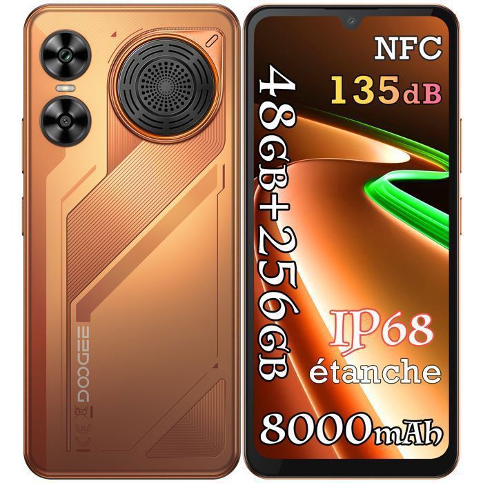 DOOGEE M30 Smartphone 6.88 120Hz 48Go + 256Go 8000mAh Android 16 64MP 135dB IP68 étanche Téléphone 4G Double Sim NFC GPS - Orange