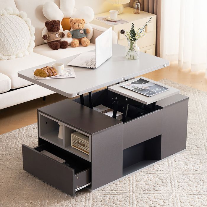 Table basse relevable 100x51x47 cm avec rangement 2 portes 2 tiroirs Panneaux de particules Gris