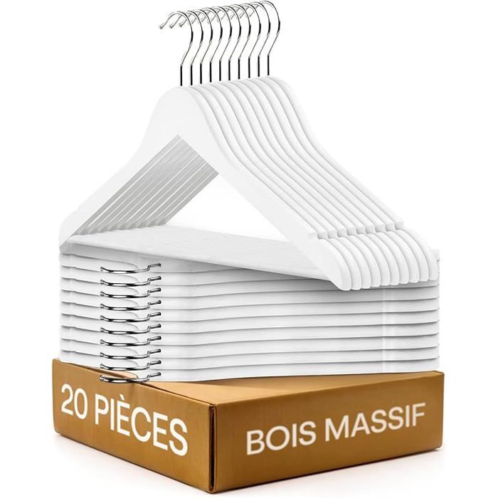 20 Cintres en Bois Blanc - Crochet Pivotant à 360° - Encoches sur Les épaules - avec Barre Pantalon - Bois Adulte 20 pcs