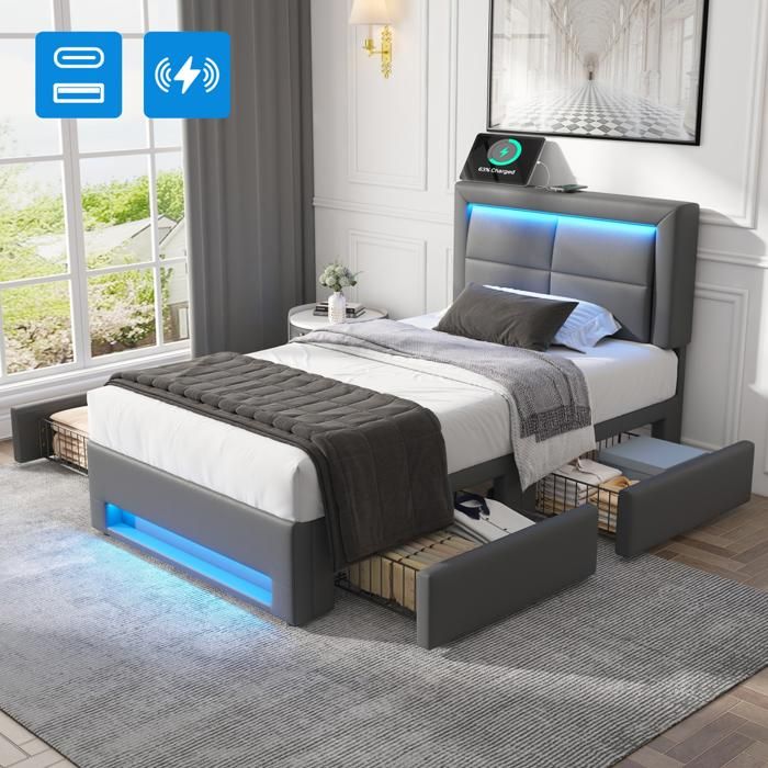 Lit capitonné - 90x200 cm - Ports USB filaire & sans fil - LED 12 couleurs - 4 tiroirs