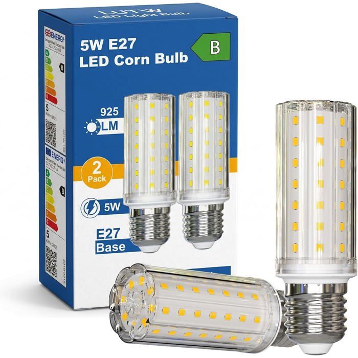 Ampoule LED E27 Maïs Classe B 5W Ampoules LED(Équivalent 90W Halogène)Ampoule E27 Blanc Chaud 3000K Efficacité Energétique 925LM 2pc