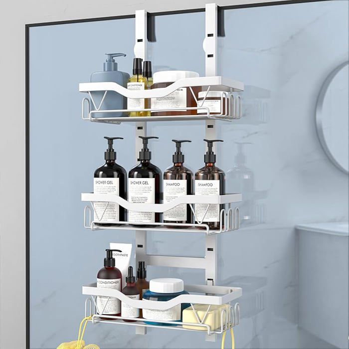 Panier de douche suspendu adhésif 3 compartiments ajustables pour produits beige