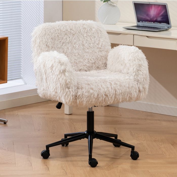 Chaise de bureau beige en tissu effet laine bouclée hauteur réglable pivotante à roulettes avec accoudoirs