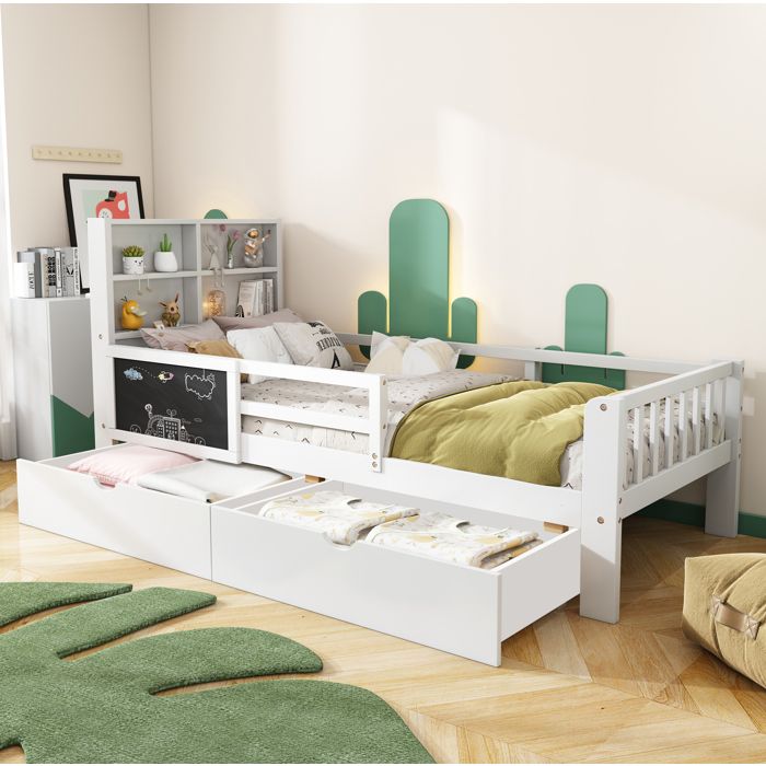 Lit combiné enfant 90×200 cm 2 tiroirs étagère et tableau noir - BEAUNIV - sans matelas bois et MDF blanc