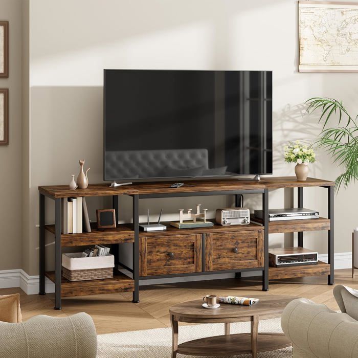 Meuble TV rustique 200 cm console industrielle à 2 tiroirs et étagères de rangement ouvertes coloris rétro