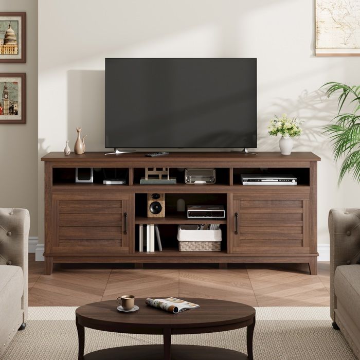 Garvee Meuble TV Style Campagne 180 cm Banc TV Marron avec Portes de Placard & Étagères Réglables Rangement Salon