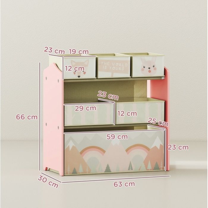 Meuble rangement enfant étagère enfant 63 x 30 x 66 cm 6 boîtes en tissu rose motif mignon JOINERY