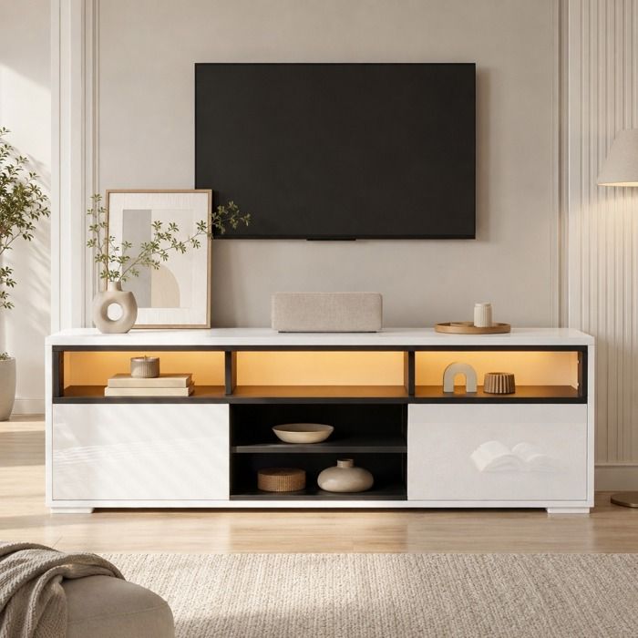 Console TV - Banc TV Meuble TV - avec lumières LED blanc 150x35x50 cm - Meuble de Salon