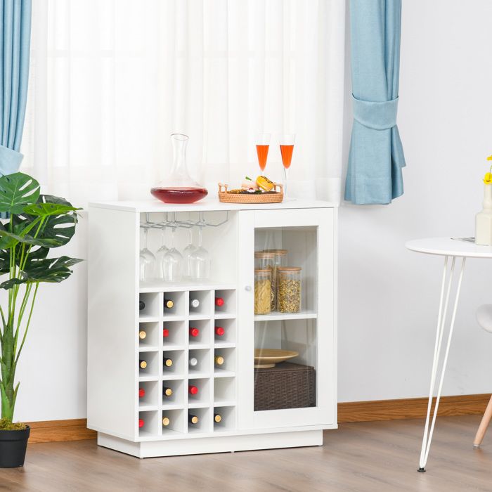 Meuble porte-bouteilles - 20 bouteilles - 3 rails porte-verres - placard latéral - métal blanc