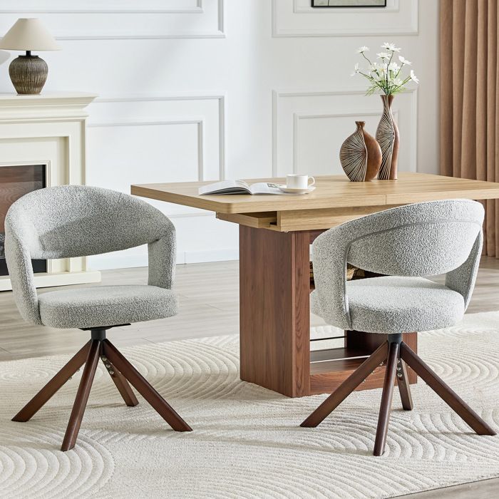 COVREO Lot de 2 chaises de salle à manger pivotantes 360° en tissu gris clair pieds finition noyer