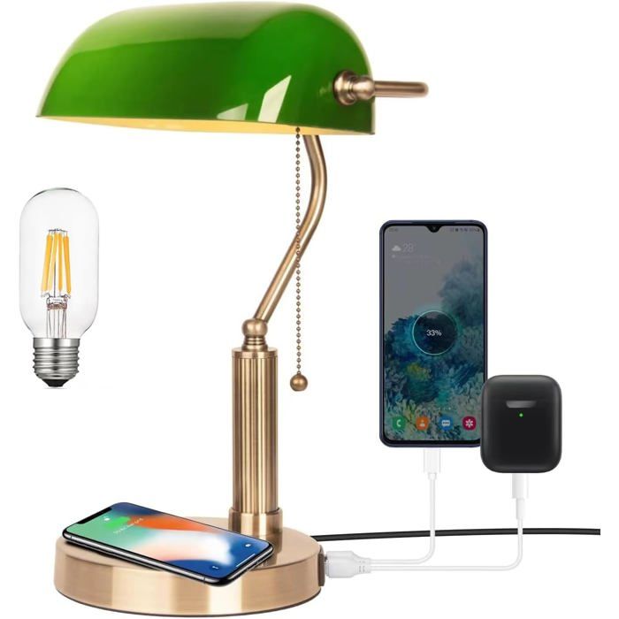 Lampe de Bureau Banquier avec Ampoule LED Lampe de Bureau Vintage avec Sans fil Rechargeable et 2 Ports de Charge USB