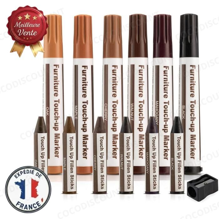 Cobye - Kit Réparation Bois pour Meubles -12 Marqueurs et Crayons de Cire – Retouche Rayures Éraflures – Parquet Tables Menuiserie