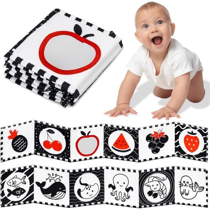 Livre Tissu Bébé Éveil 0-6 Mois Hahaland - Jouet Suspendu Noir & Blanc Avec Miroir, Sons Et Textures Pour Poussette Et Tapis De Jeu