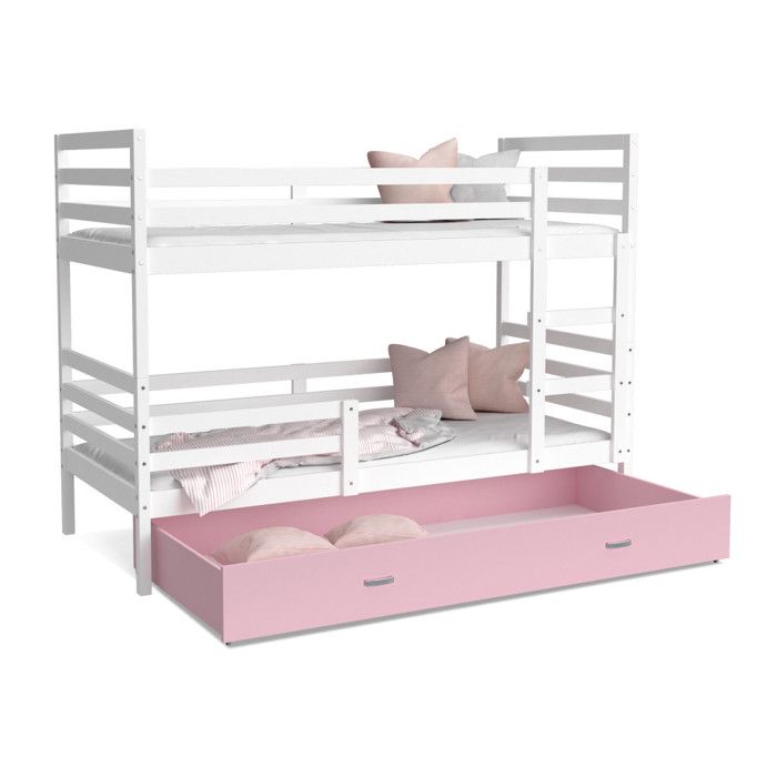 Lit Superposé Milo 90x190 tiroir + Matelas Blanc - rose