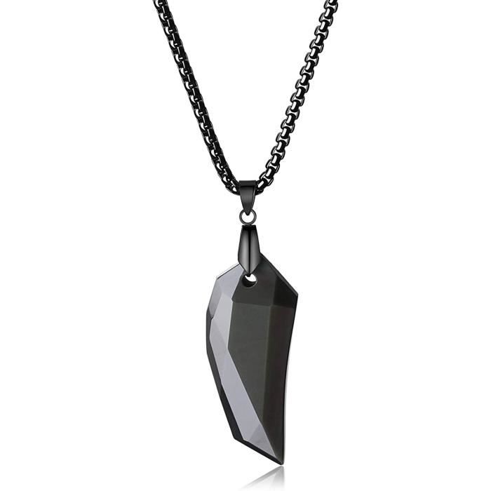COAI Collier Cuir Homme Pendentif Obsidienne Noire - Tête De Mort, Dragon Ou Loup