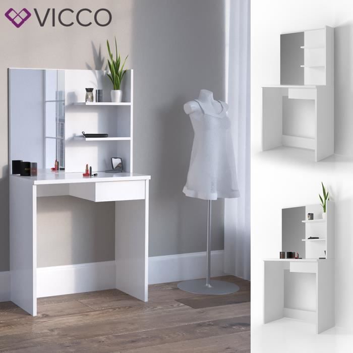 Vicco Coiffeuse table de maquillage Dekos avec miroir Blanc laqué LED