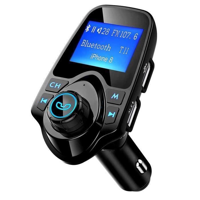 Transmetteur FM Bluetooth,POMILE Kit de Voiture Main-Libre sans Fil Adaptateur Smartphone iOS/Android Chargeur Voiture Dual USB 5V/1A&2.4A,Grand Écran LED Support Carte TF Iphone 