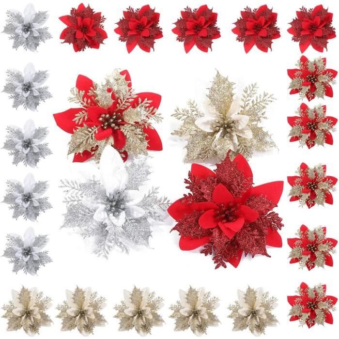 24 Pièces Glitter Fleurs de Noël Artificielle Fleurs de Poinsettia de Noël  de Mariage pour Guirlandes de Fleurs de Noël Rouge - Cdiscount Maison