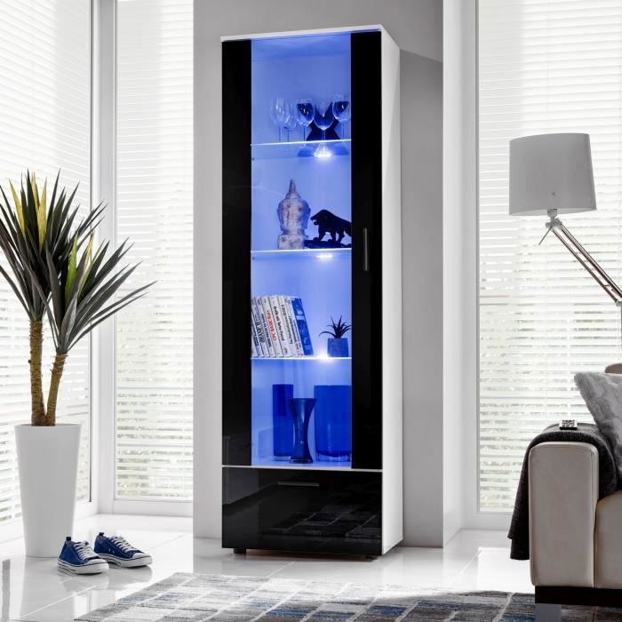 Vitrine Armoire Alessandria Komodee - LED bleues - Noir Brillant et Blanc - Facades en Brillant - 60 x 192 x 42 cm Vitrine Armoire Alessandria Komodee - LED bleues - Noir Brillant et Blanc - Facades en Brillant - 60 x 192 x 42 cm