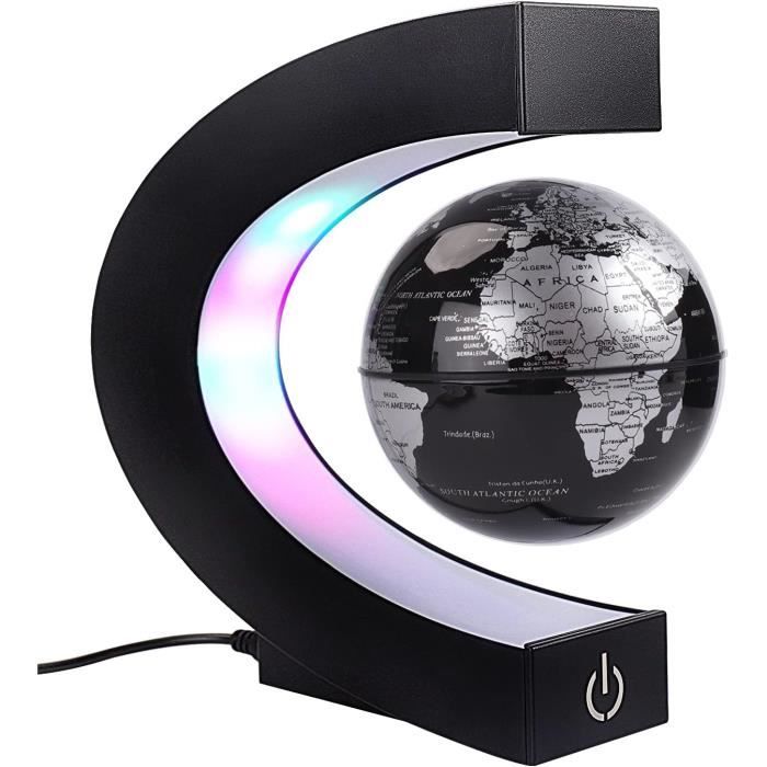 Globe Terrestre Flottant Magnétique Avec LED - Anti-Gravité, Rotation Fluide - Décoration Bureau Ou Salon - Noir