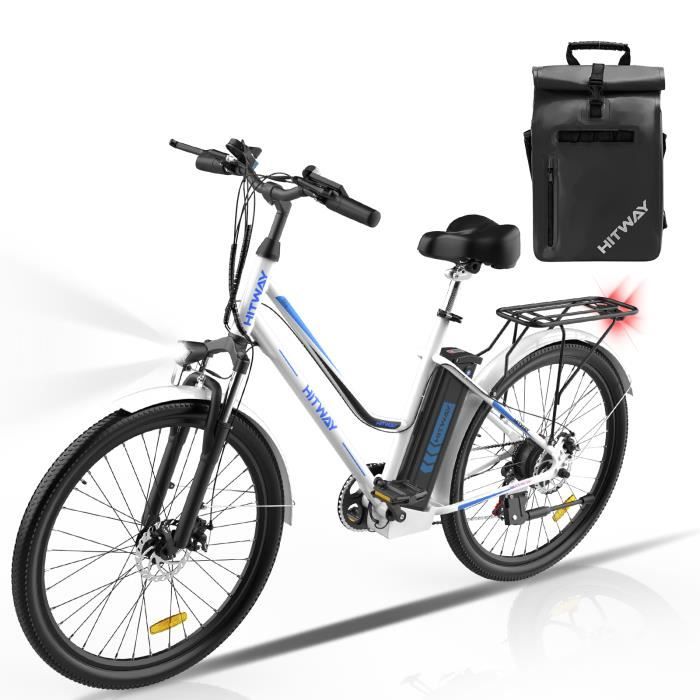 HITWAY 26” Vélo électrique Blanc - 7 Vitesses - Batterie au Lithium amovible - 36V 11,2AH+HITWAY Sac Noir