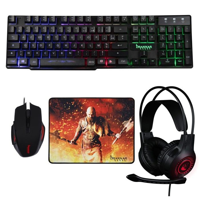 Pack de périphériques gaming – KONIX – Drakkar 4 en 1 – Clavier AZERTY – Rétroéclairage LED – Dual jack USB
