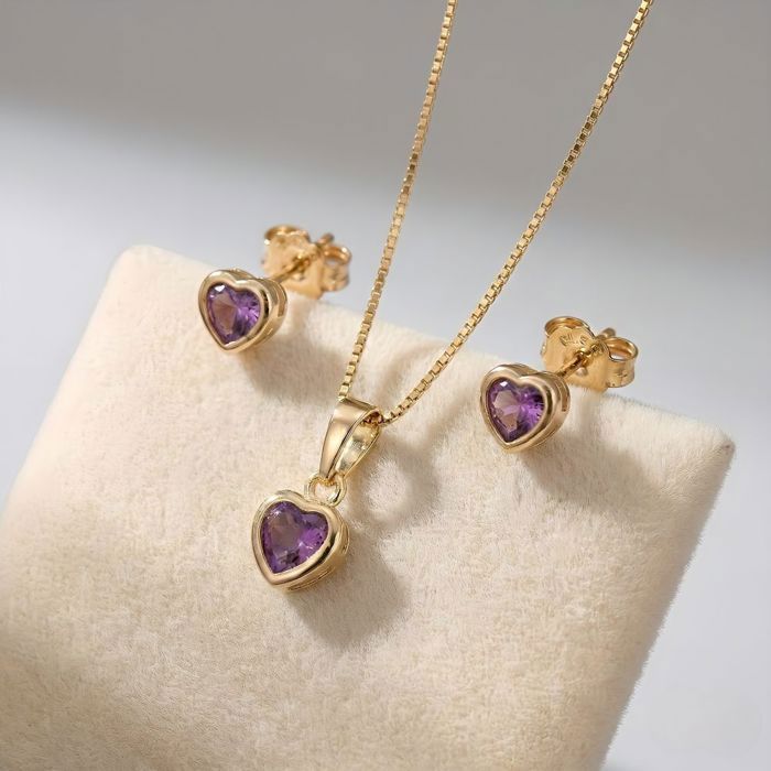 Parure Bijoux - Femme/Enfant - Coeur - Zircon - Violet - Plaqué Or Jaune 750/1000 - 3 Microns - 4 Pièces