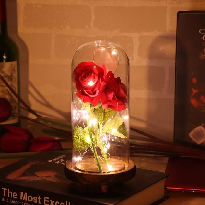 La Belle et la Bête Rose,Efanty Rose Eternelle Élégant Dôme en Verre Fleur Artificielle sur socle en bois avec Lumières LED,pour Saint Valentin Fille Ami Femme Mère Anniversaire cadeau 