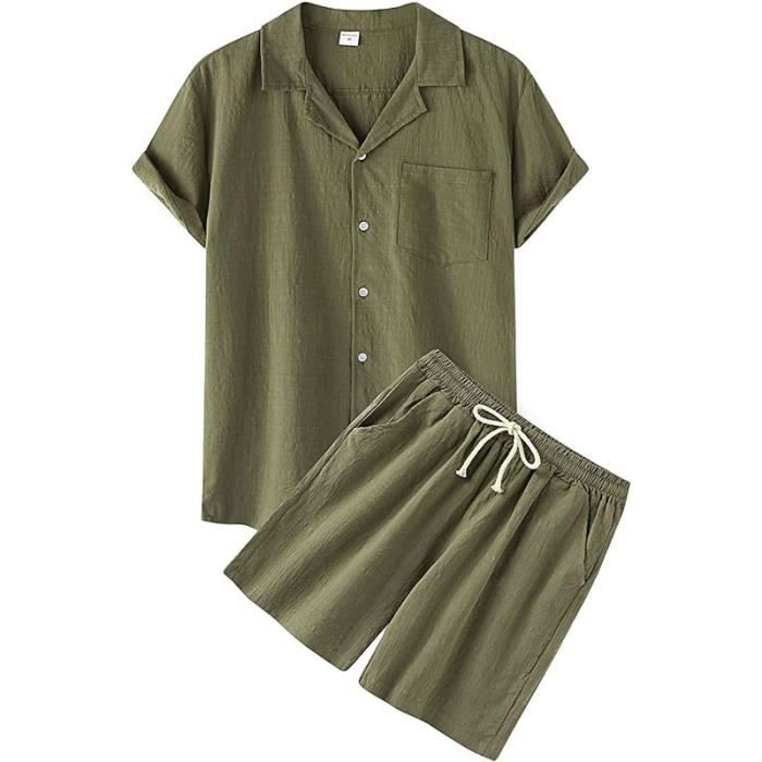 Ensemble Homme Été Chemise Short Coton 2 Pièces Jogging Sport - Tenue Décontractée M-3XL Avec Poches