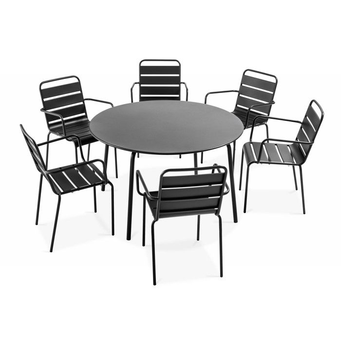 Ensemble table de jardin ronde et 6 fauteuils acier gris Palavas Oviala