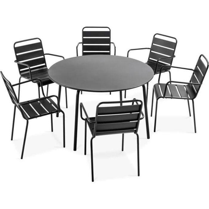 Ensemble table de jardin ronde et 6 fauteuils en acier - OVIALA - Palavas - Gris anthracite