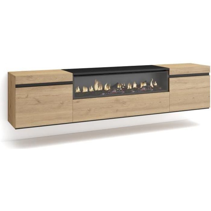Meuble TV Banc Télé 200x35x45cm Pour TV jusquà 80 feu électrique Suspendu Mural Chêne et noir RF2153 Meuble TV Banc Télé 200x35x45cm Pour TV jusquà 80 feu électrique Suspendu Mural Chêne et noir RF2153