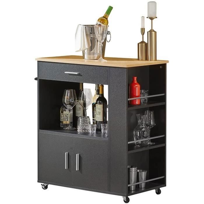 SoBuy Desserte Cuisine à roulettes avec Tiroir et Étagère Latérale Meuble Rangement Cuisine Noir 75x46x83 cm