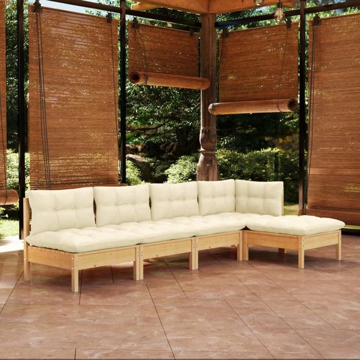 vidaXL Salon de jardin 5 pcs avec coussins crème bois de pin - vue 2