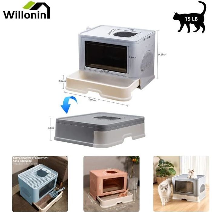 Comparer les prix de Willonin® Bac à litière pour chat moins de 15 kg, Maison de Toilette avec brosse de massage et pelle, Gris 48.5 x 36.5 x 38 cm