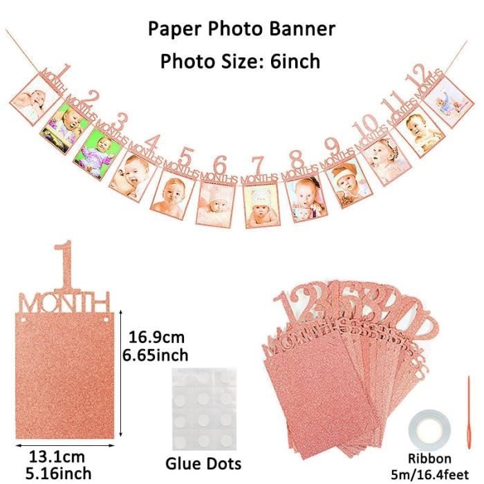 Guirlande Photo Premier Anniversaire Personnalisable - 12 Cartes Kraft 12x23.5 Cm, Cordon 5m - Décoration Murale étapes Bébé 1 à 12 Mois