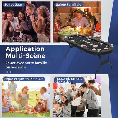 Table De Poker Pliable Pour 8 Joueurs - Surface Feutre Casino, Rebords Rembourrés, Porte-gobelets Métal - 182x82 Cm