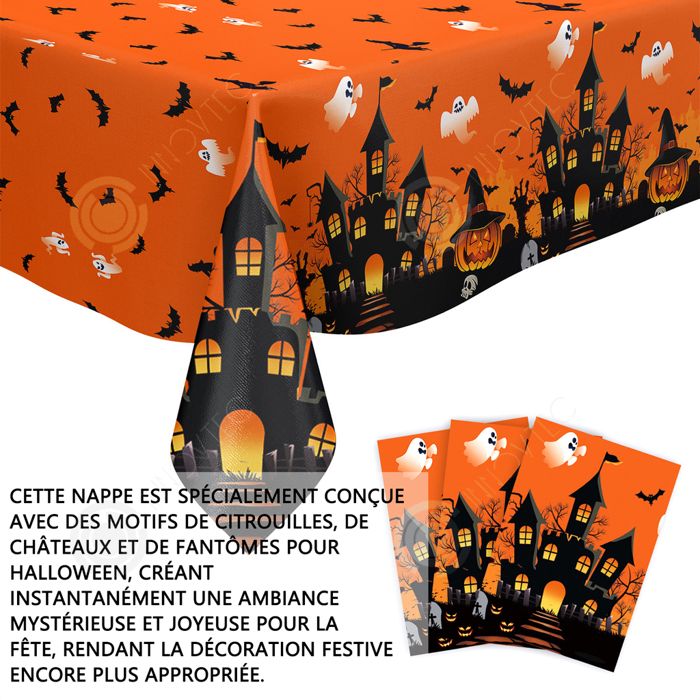 Nappe Halloween 137x274 Cm - Motifs Citrouille, Toile D'araignée, Chauve-souris, Fantôme Pour Décorer Votre Table De Fête