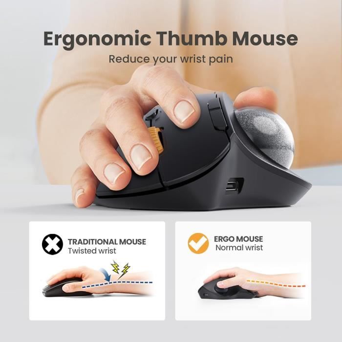 KeySonic KSM-6101RF-EGT Souris Trackball Sans Fil Ergonomique – Contrôle Pouce Précis, 2.4 GHz, Idéale Bureau & Mac/PC