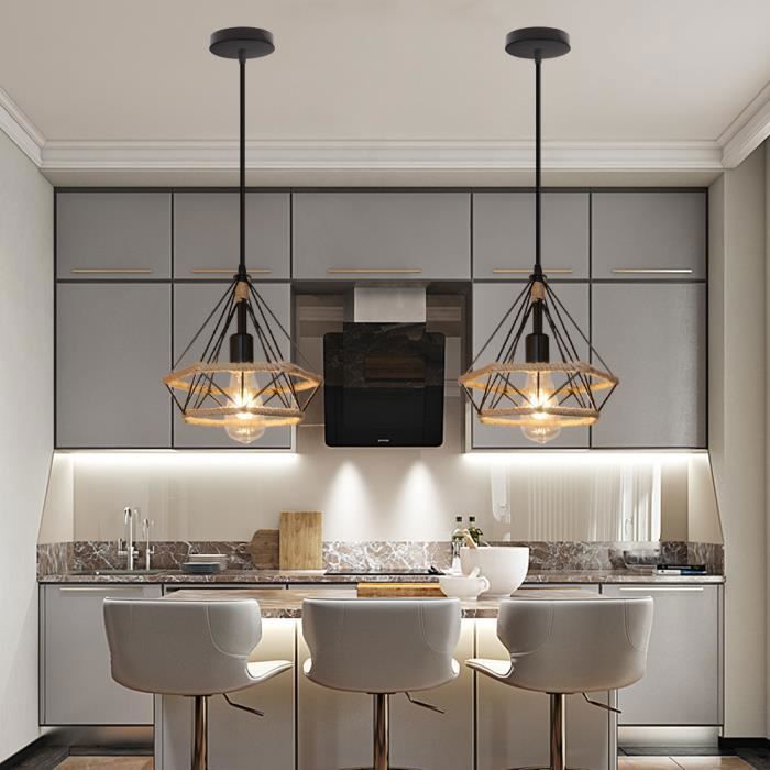 Lot De 2 Lampes Suspension Industrielle En Corde De Chanvre Rétro – Style Vintage E27 Ajustable 100 Cm – Idéal Bar, Café, Restaurant
