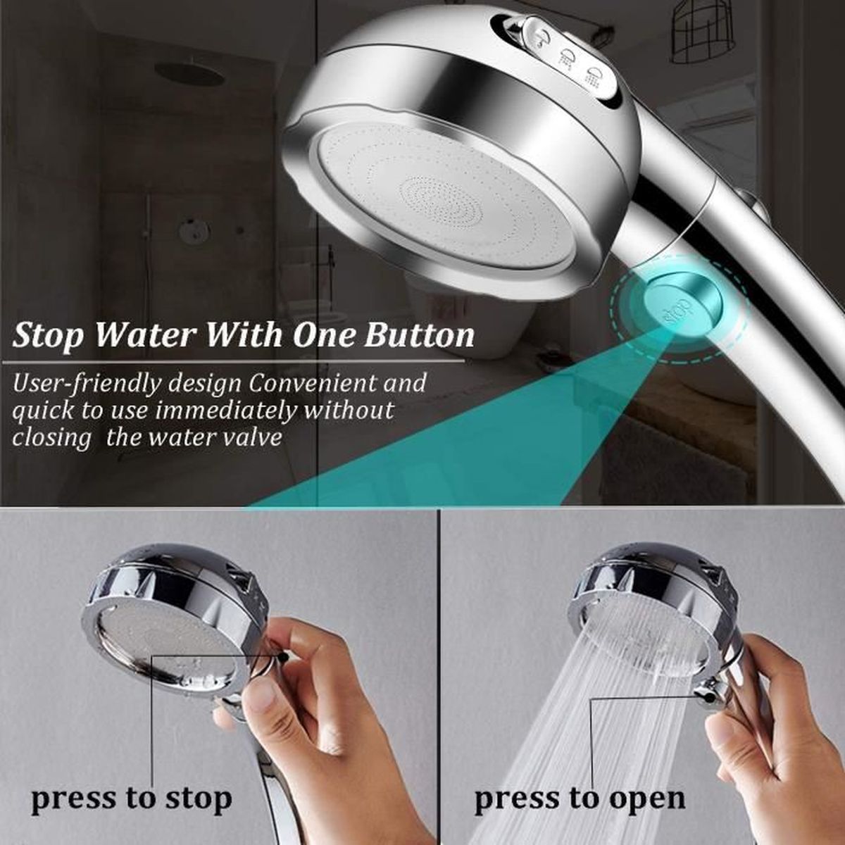Douchettes Chrome Pommeau de Douche Massage Spray Douchette 3 Modes